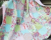 Full Size Quilt, Rag, Pink Love Mix, mint turquoise pink, ALL NATURAL, fresh modern handmade