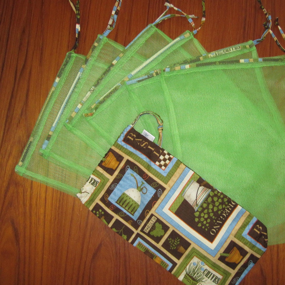 6 Drawstring Mesh Grocery Produce Bags with Matching Stuff Duffel Kitchen Herb Design