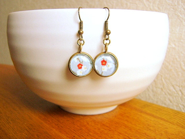 Plum  Blossom Earrings Traditional Japanese Chiyogami Paper Earrings Flower Blue