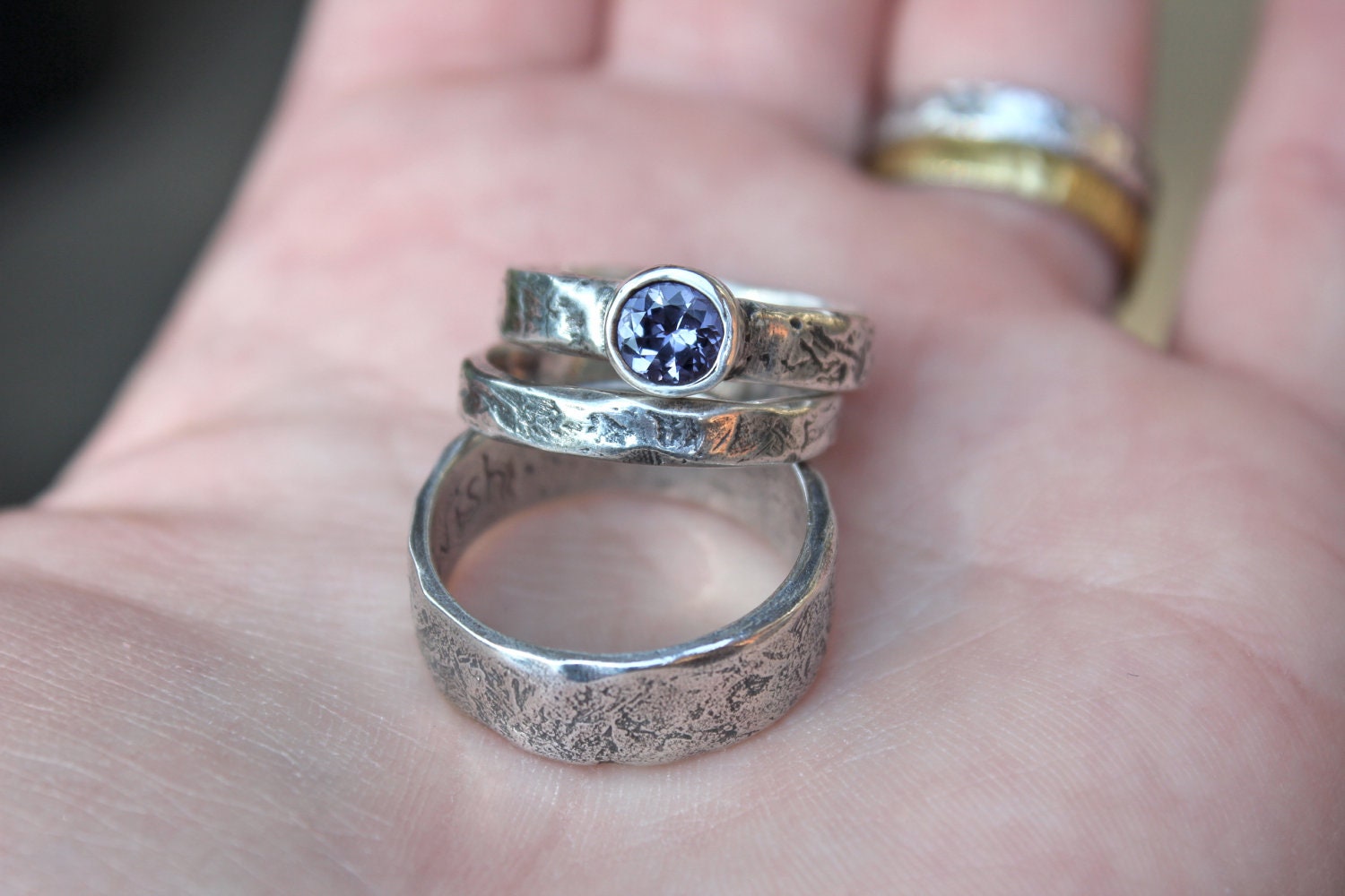 engagement wedding band ring set . spinel engagement ring . engraved messages . rustic river rock ring set by peacesofindigo