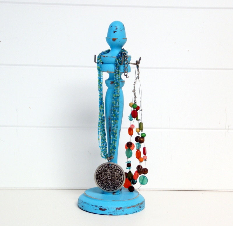 Shabby Jewelry Stand Necklace Hanger, Upcycled , Eco Friendly, Vintage Chic  in Turquoise Blue by speckleddog on Etsy - tt team