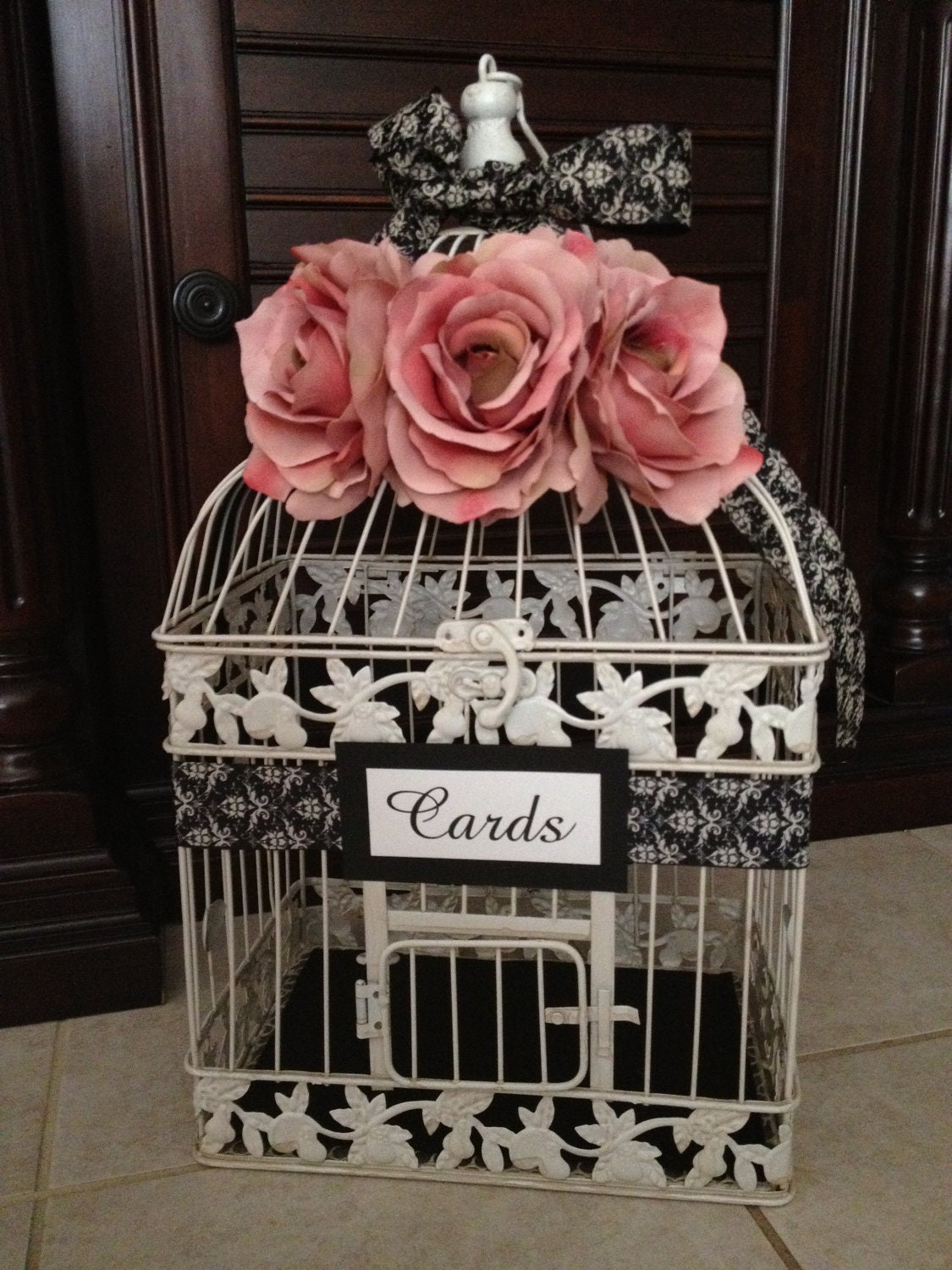 Large Wedding Bird Cage Card Holder - Black and Ivory Damask with Antique Pink Dusty Rose Mauve Roses