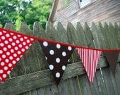 Red & Brown Birthday Decorations, Party Banner Flags, Boy's Playroom Bunting, Photography Prop, Backdrop -- in brown, red, white fabrics