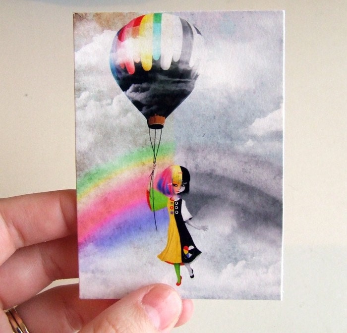 ACEO/ATC "Causing a Stir" Two Tone Rainbow, Black and White Girl Hot Air Balloon - Premium Fine Art Mini Print Artist Trading Card 2.5x3.5