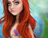 Fine Art Print "The Little Mermaid"  Medium Size 8.5x11 or 8x10 A4 Premium Giclee Print of Original Artwork Fantasy Fairy Tale Redhead Woma