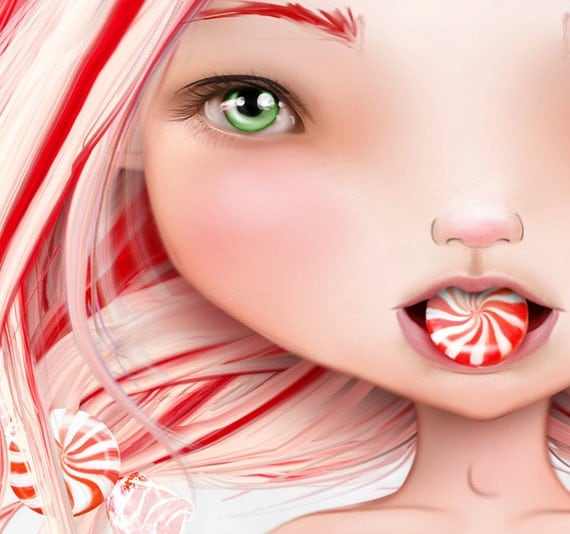 5x7 Art Print - "Peppermint" - Christmas Holiday Red and White Candy Cane Girl - Small Giclee Print by Artist Jessica Grundy