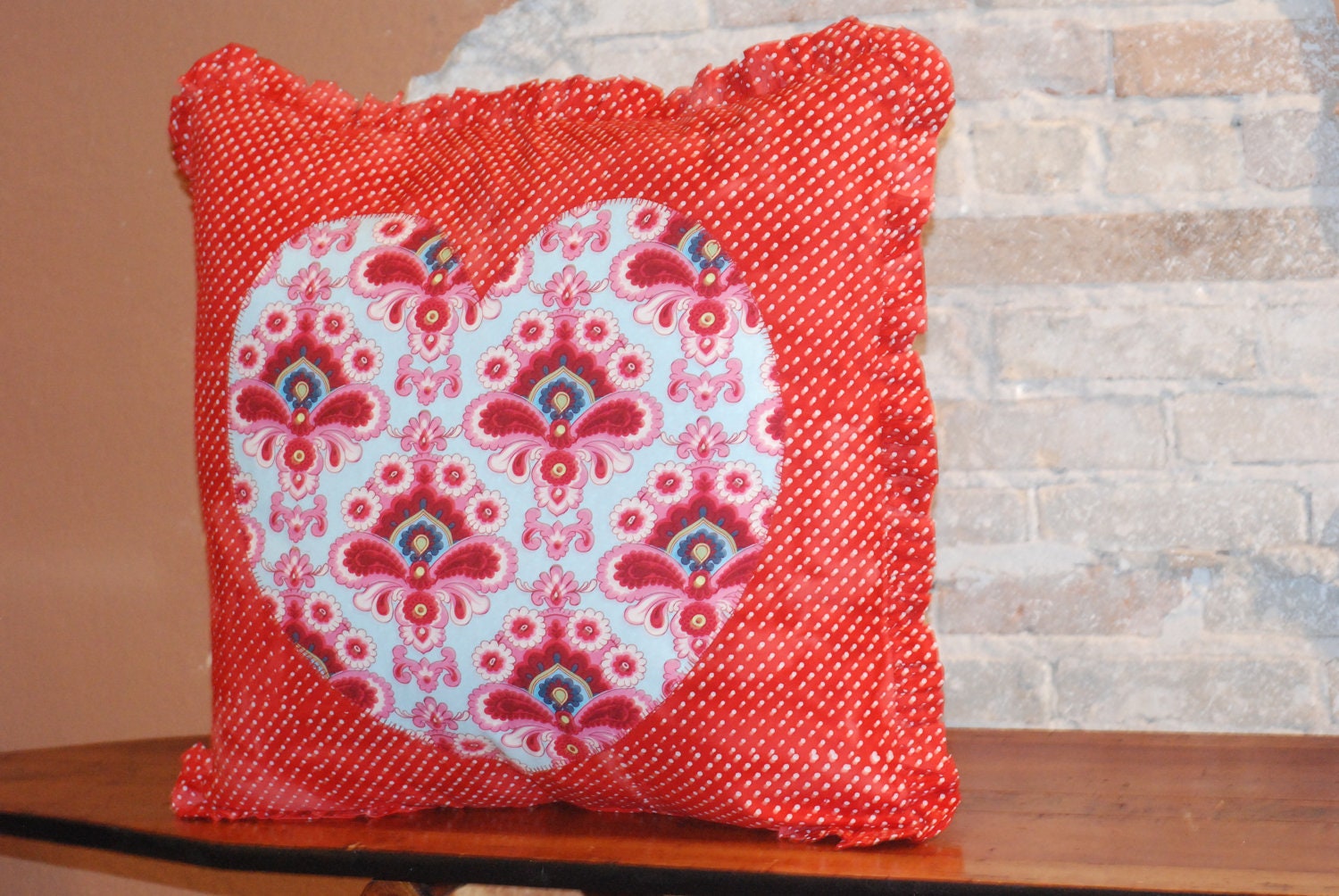 HUGE SWEET LOVE  pillow cushion cover - Heart Applique - Ruffles - Red Aqua Floral and Dots Cotton Fabric - Valentine's Day Room Decor