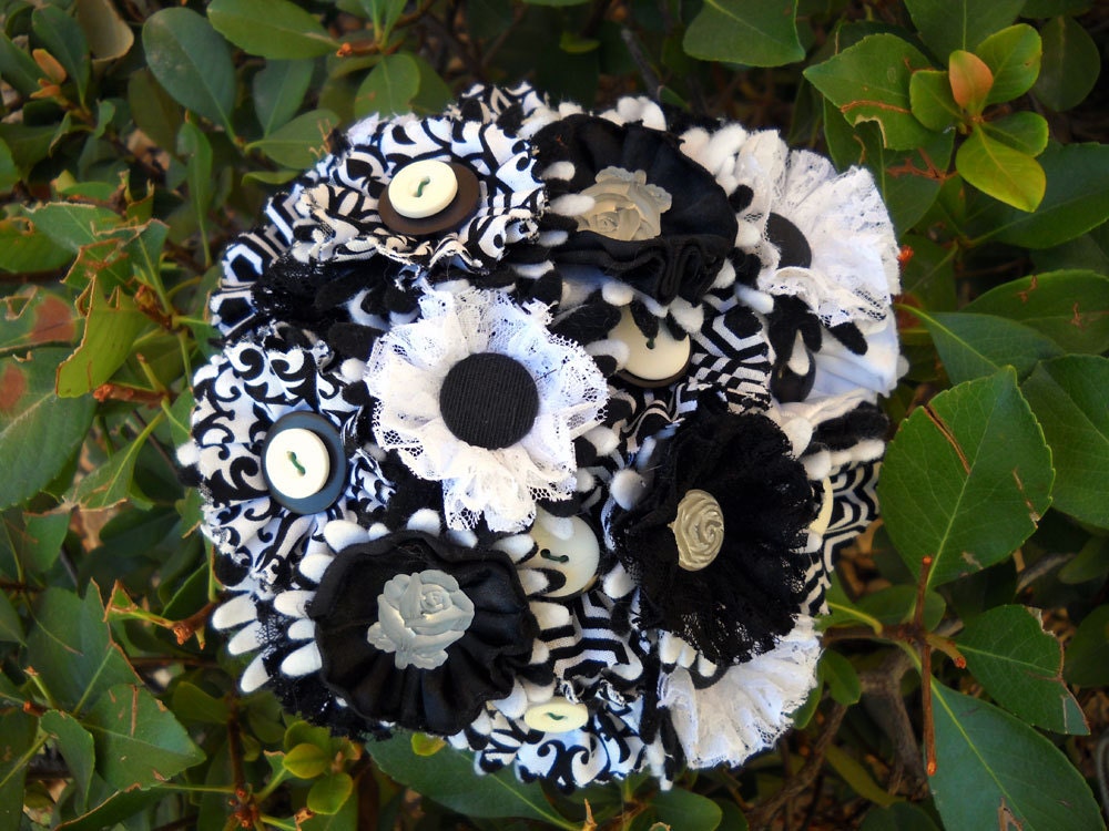 Black and White Bridal Wedding Bouquet Buttons Satin Lace