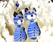 Cobalt Blue and White Lampwork Cat Earrings