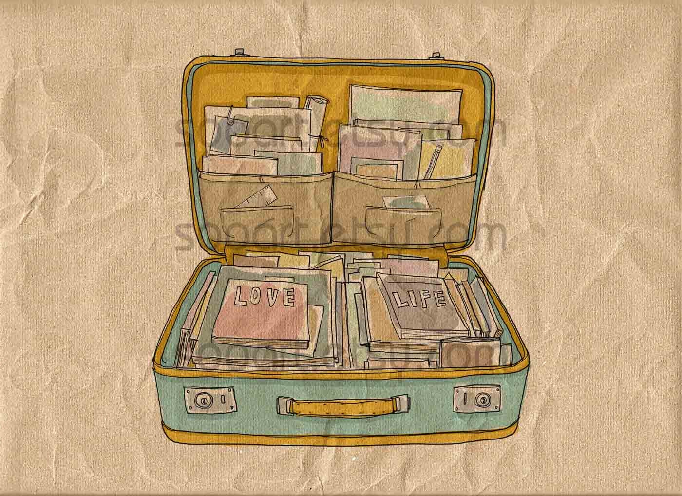 suitcase and book-Original Illustrate Drawing  A4 Print transfer on Pillows, t-shirts, scrapbook, lampshades  ETC.v