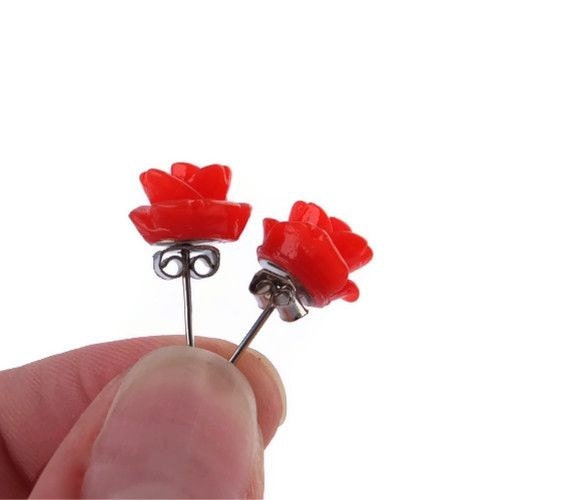 Mother's Day Sale, Red Post Earrings-Red Resin Flower Post Stud Earrings