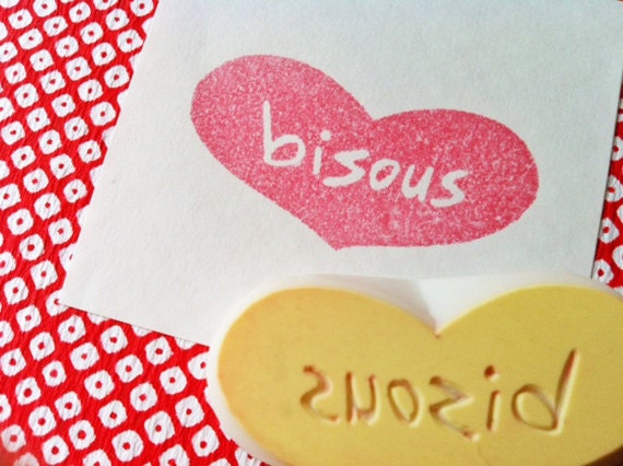 bisous love heart. hand carved rubber stamp. hand carved stamp. kiss in french.