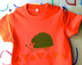 hedgehog tshirt. children tshirt. hand printed tshirt. hand stamped tshirt. limited edition.orange. READY TO SHIP