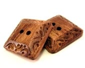 Square brown wood button set of 2 large natural carved button (104) - EcoCraftSupply