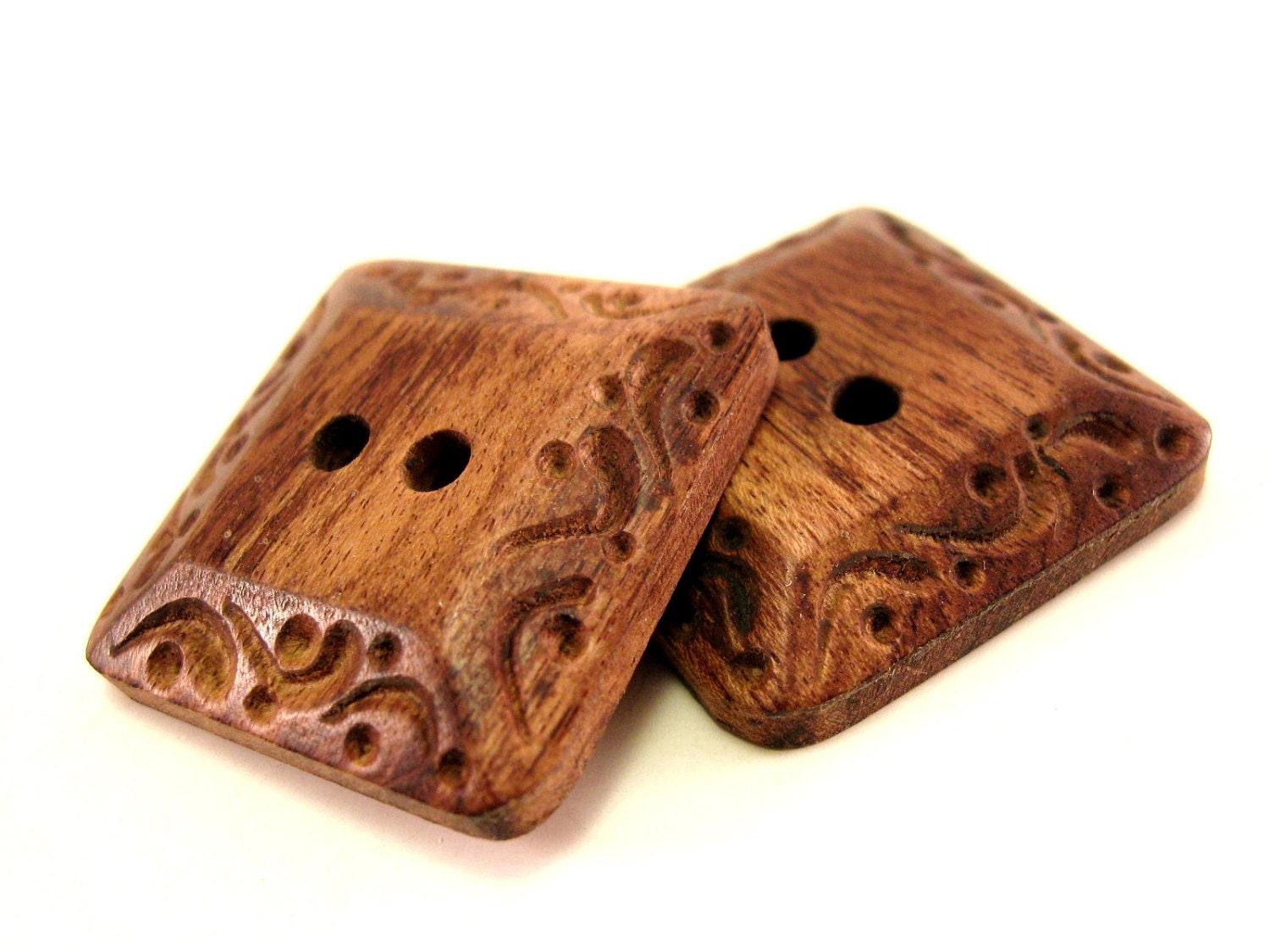 Square brown wood button set of 2 large natural carved button (BB104)