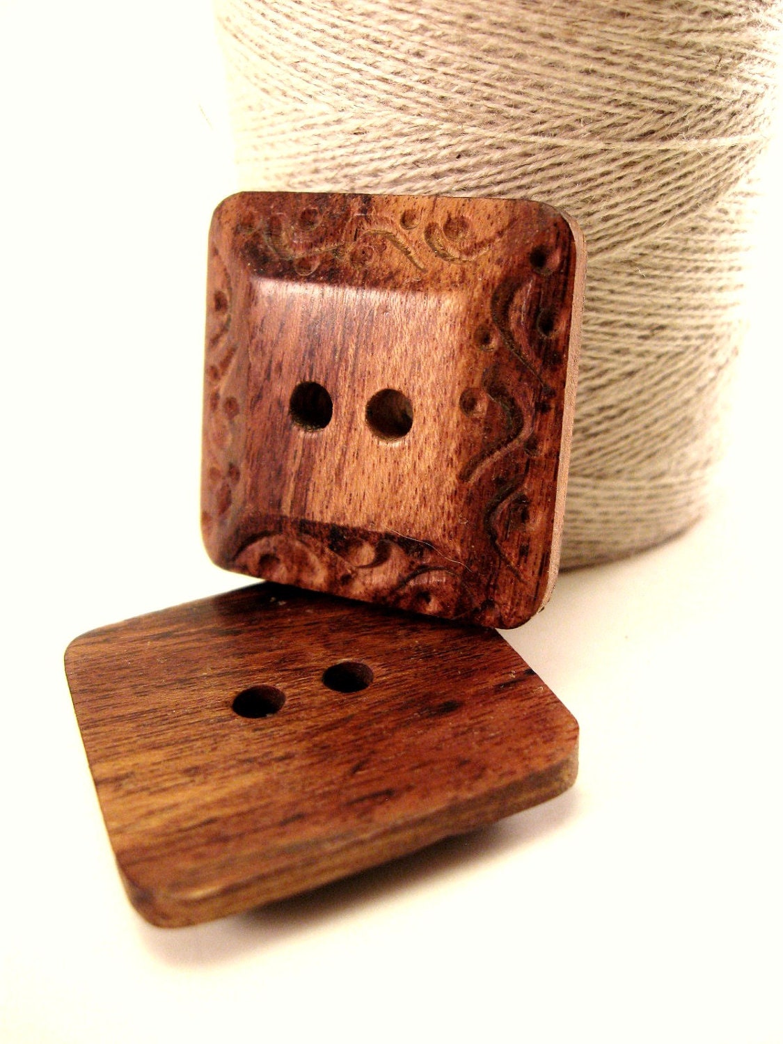 Square brown wood button set of 2 large natural carved button (BB104)