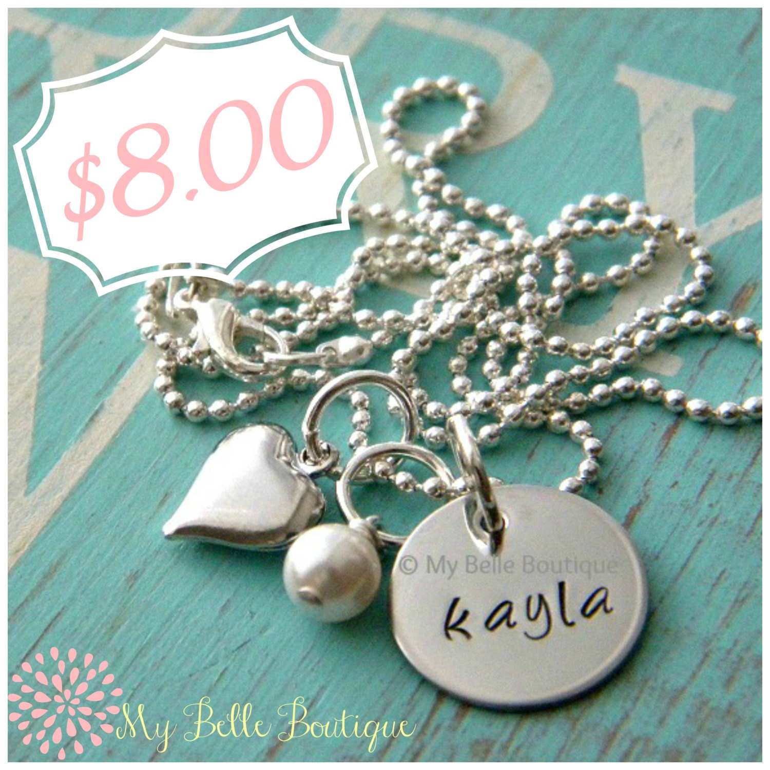 SALE -- Personalized Hand Stamped Necklace Disc with Silver Puffy Heart and Swarovski Pearl Charms