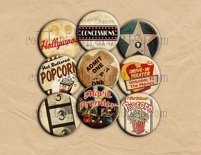 Vintage Hollywood Pin Back Buttons Set of 12  for Party favors, Weddings, Showers, Retro Parties, Drive In Movies, Popcorn, Movie Premiers