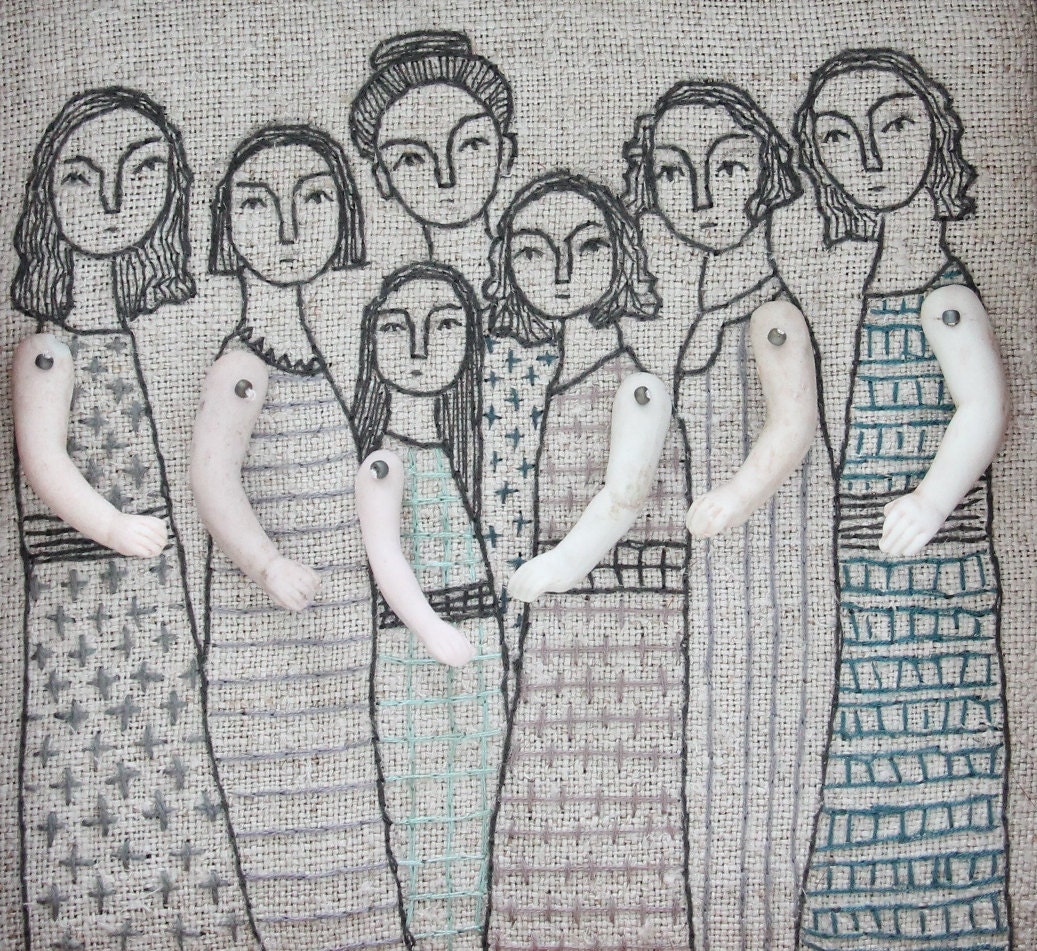 hand embroidery art- mama and her girls textile art fiber art