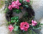 Faux Floral Succulent Wreath Customize for Wedding Decor or Bridal 19X14 Hot Pink Greens Grey Wall or Table Accent 73 B