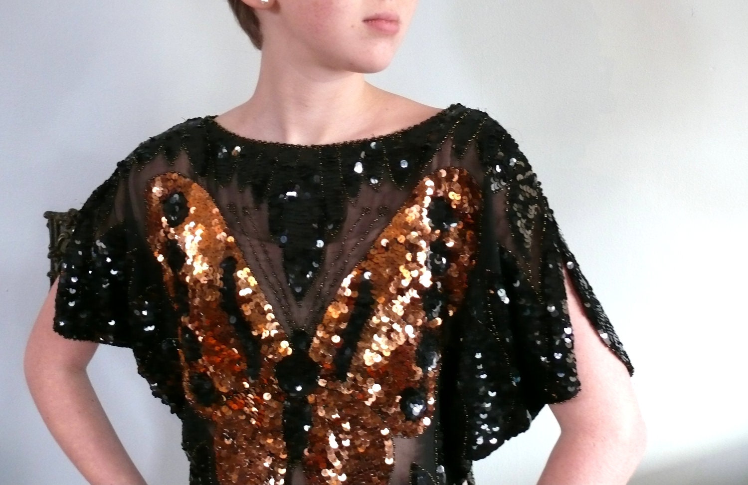 vintage 1980s blouse  // Black. Gold. Sequin. Butterfly