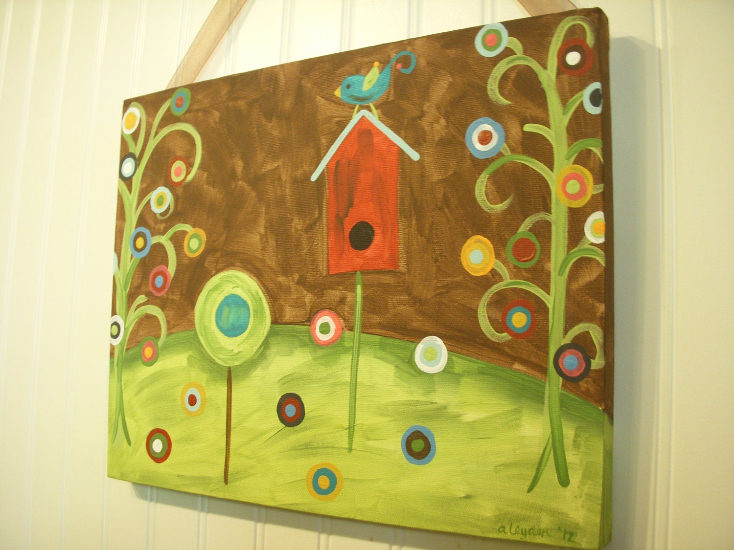 Primitive Folk Art Tree of Life..Original Painting..Hand Painted Canvas..11 x 14 Wall Art..Brown Green Turquoise Bird House "Trees of Life"