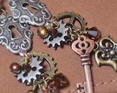 Handmade Jewelry Earrings Beaded Steampunk Skeleton Keys Gears Locks Crystal Pearl Long Mixed Metal Antique Copper Brass...Isabel