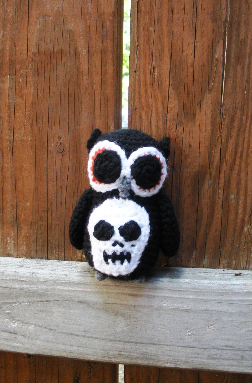 Little Black Plush Crochet Owl, with skull applique, amigurumi owl,  ready to ship.