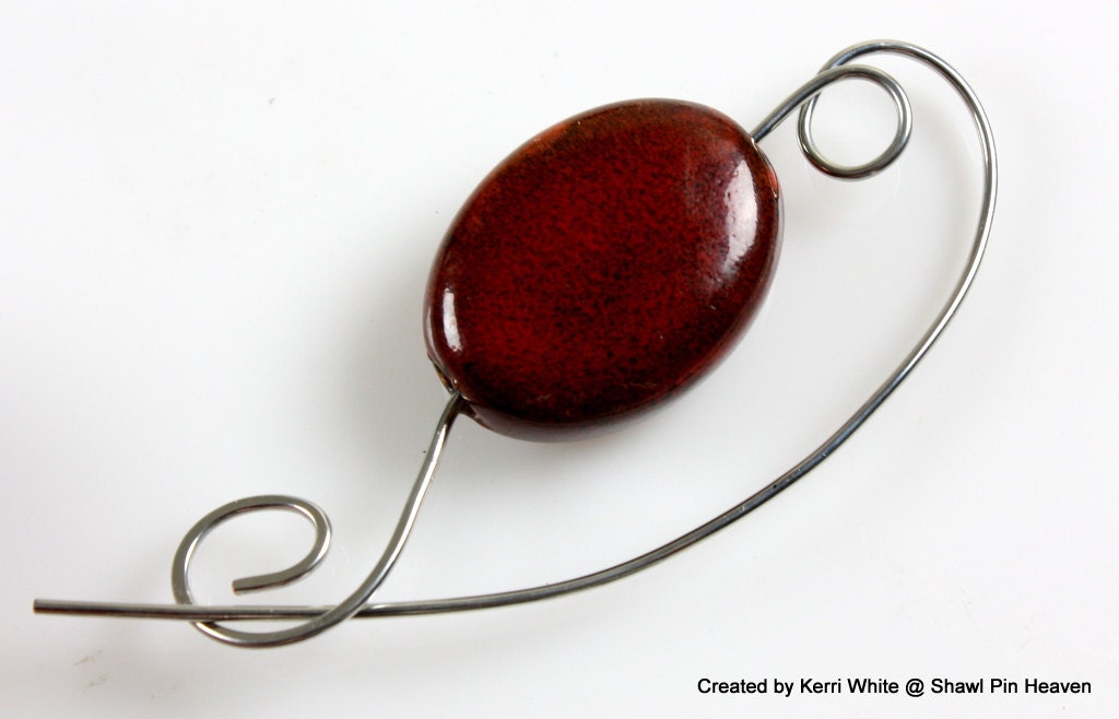 Shawl Pin, Scarf Pin, Brooch - Brick Red Porcelain Bead