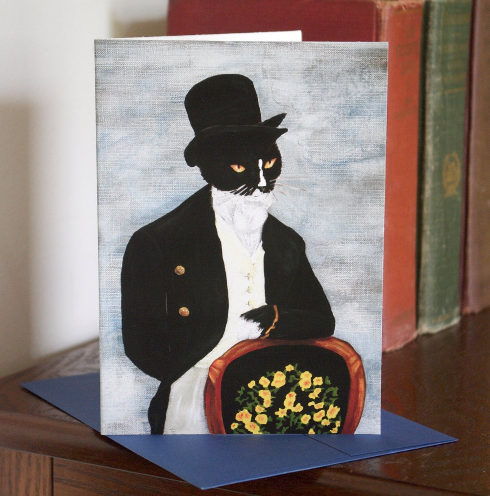 Mr Darcy Cat Card, Tuxedo Cat in Tux and Top Hat, Cat Art 5x7 Greeting Card