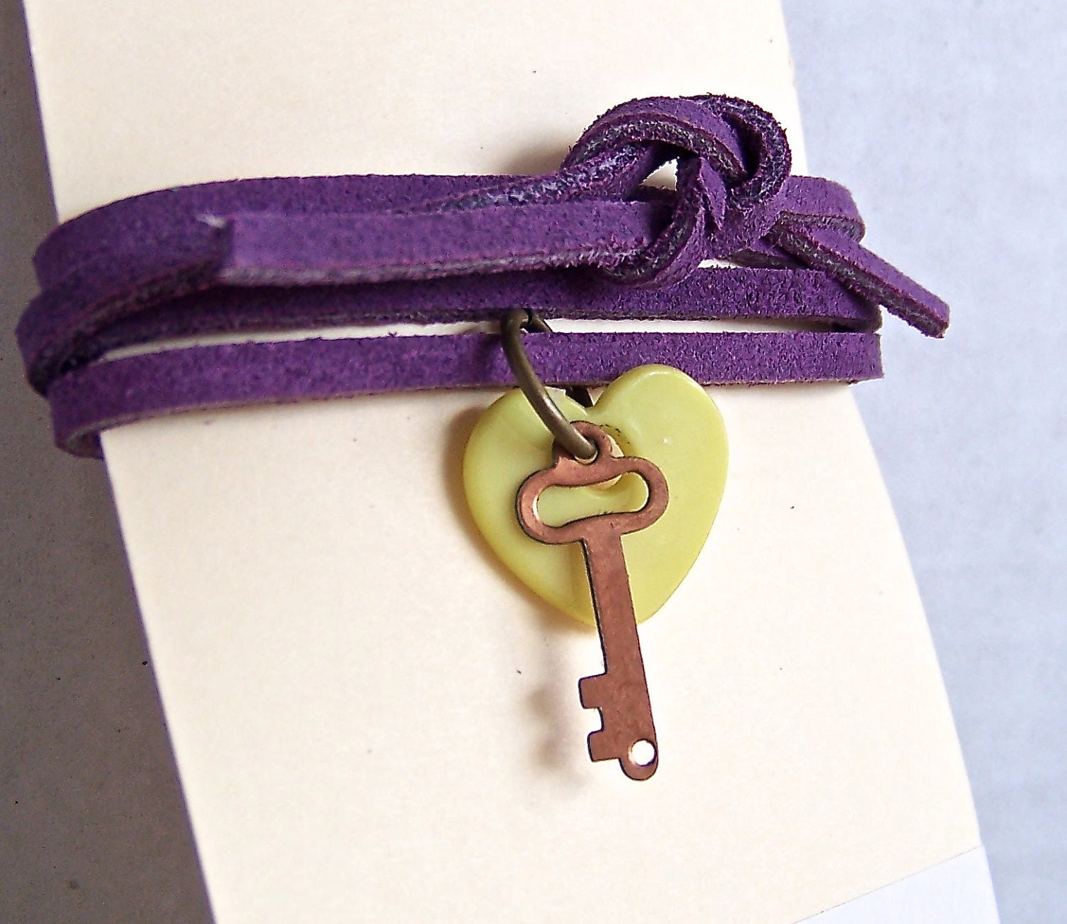 boho wrap bracelet - leather lace with heart & key charms