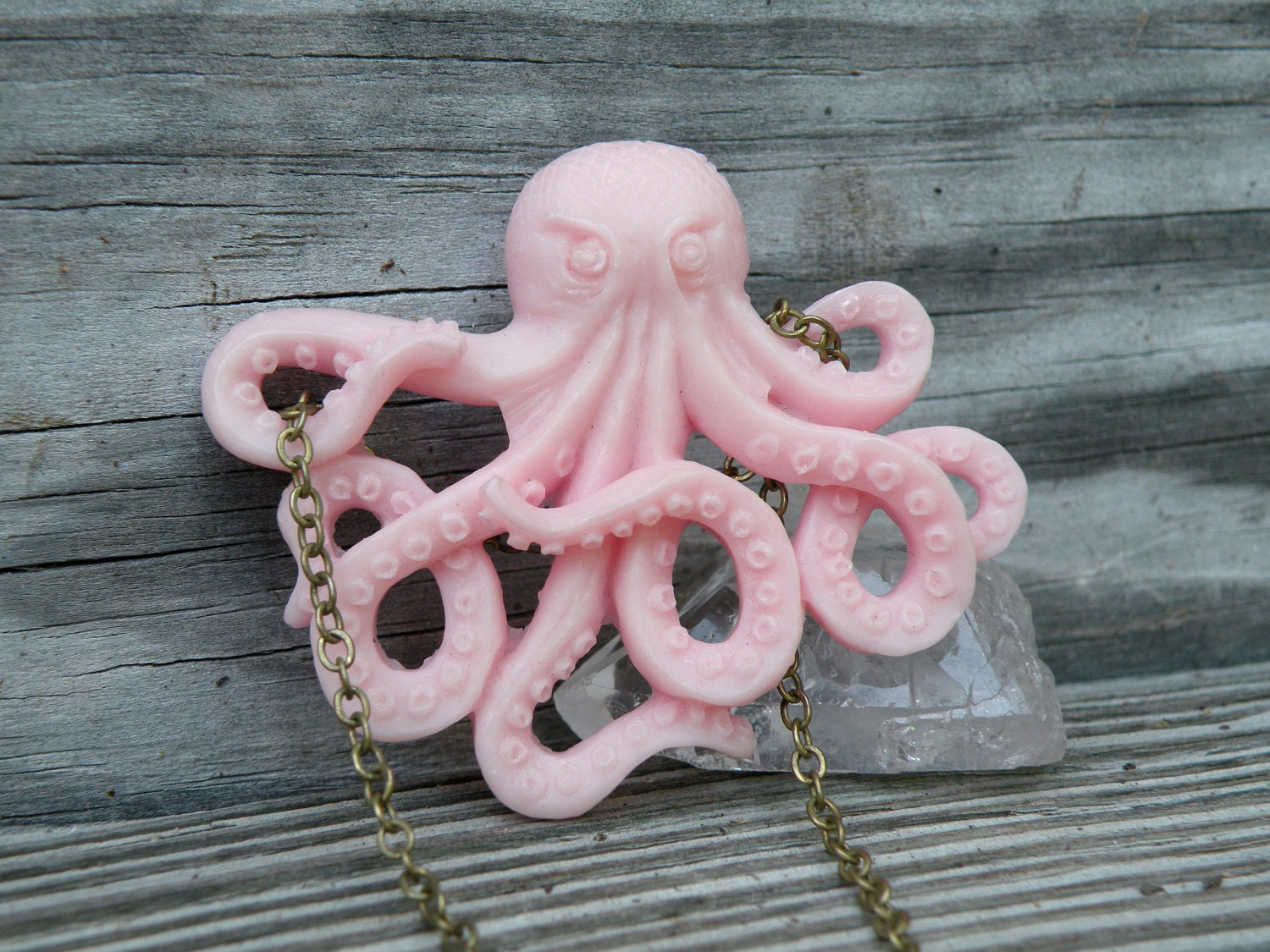 Pink Octopus Necklace, Large, Bold ,Vintage Brass, Punky, Funky, Handmade