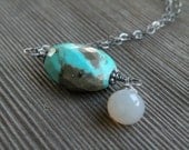 Turquoise MoonStone Necklace, Hand Oxidized Sterling Silver, Peach Moonstone