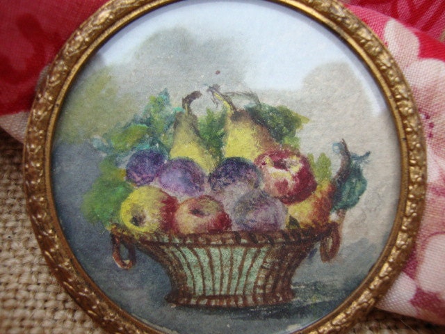 Adorable Original Miniature Watercolour Picture Antique Vintage French in a pretty Gilt Metal Frame...Paris apartment chic fruit in a basket