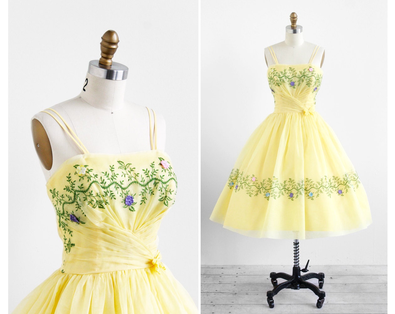 vintage 1950s dress / 50s dress / Yellow Organza Embroidered Garden Path Tea Party Dress