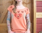 Hand Printed Woodblock Shirt - Sherbet Native American - Tribal Bird Heart Feather