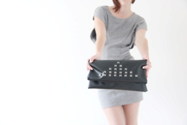 Large leather carry-all pouch (studded bag, large fold over clutch, zippered pouch) - 15 % off