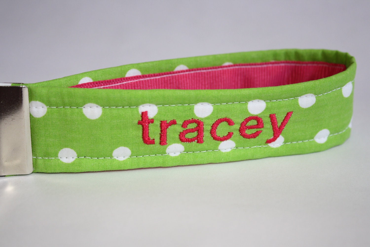 Key Fob/Keychain/Wristlet - Green/white & Hot Pink polka dots - FREE PERSONALIZATION