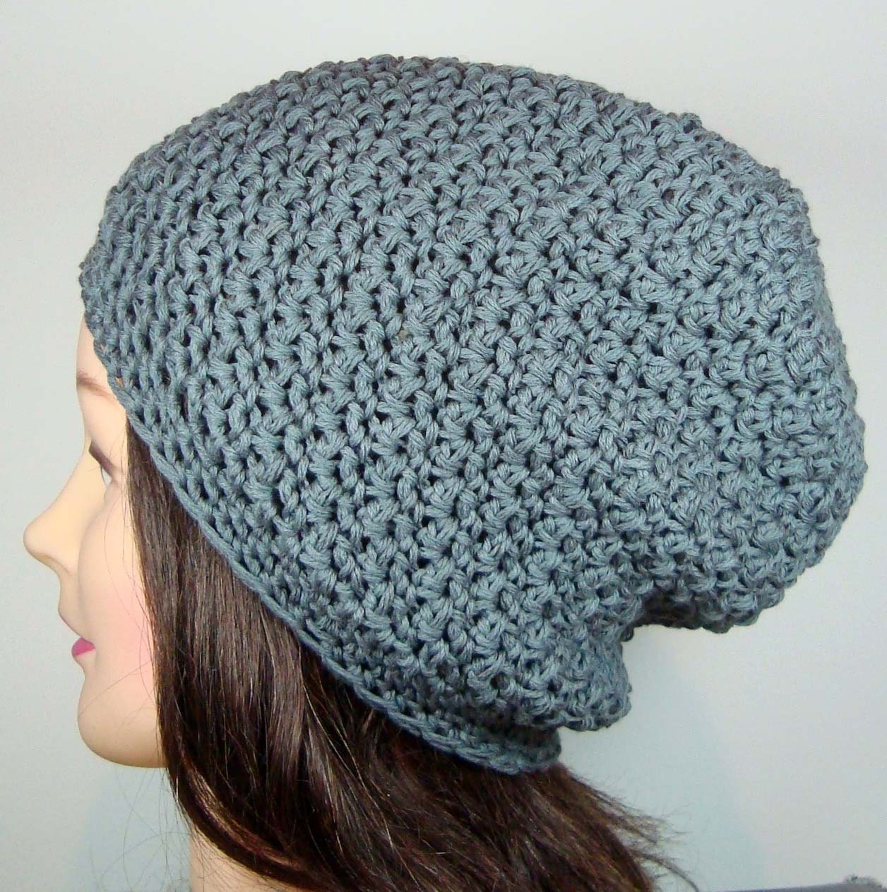 Textured Slouch Beanie Hat in Slate Gray, Cotton Blend