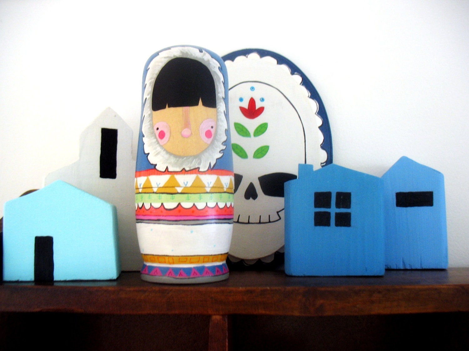 handmade wood folk art nesting dolls... wool sweater Eskimos