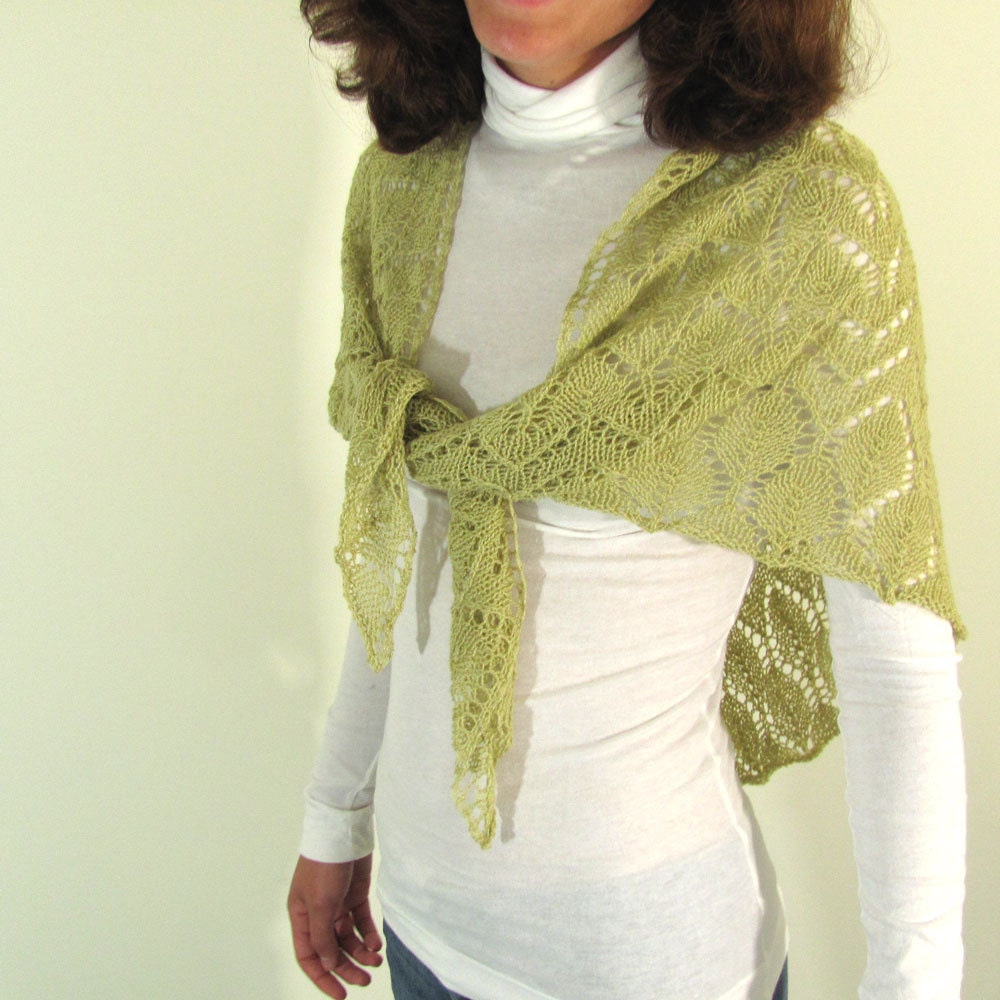 Celery Green Hand Knit Lace Shawl with Scalloped Edge