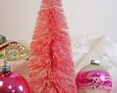 Large 9" Bottle Brush Christmas Tree Pink with Glitter & Music Stand