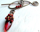 Shawl Pin Scarf Pin Copper and Ruby Red Crystal Drop