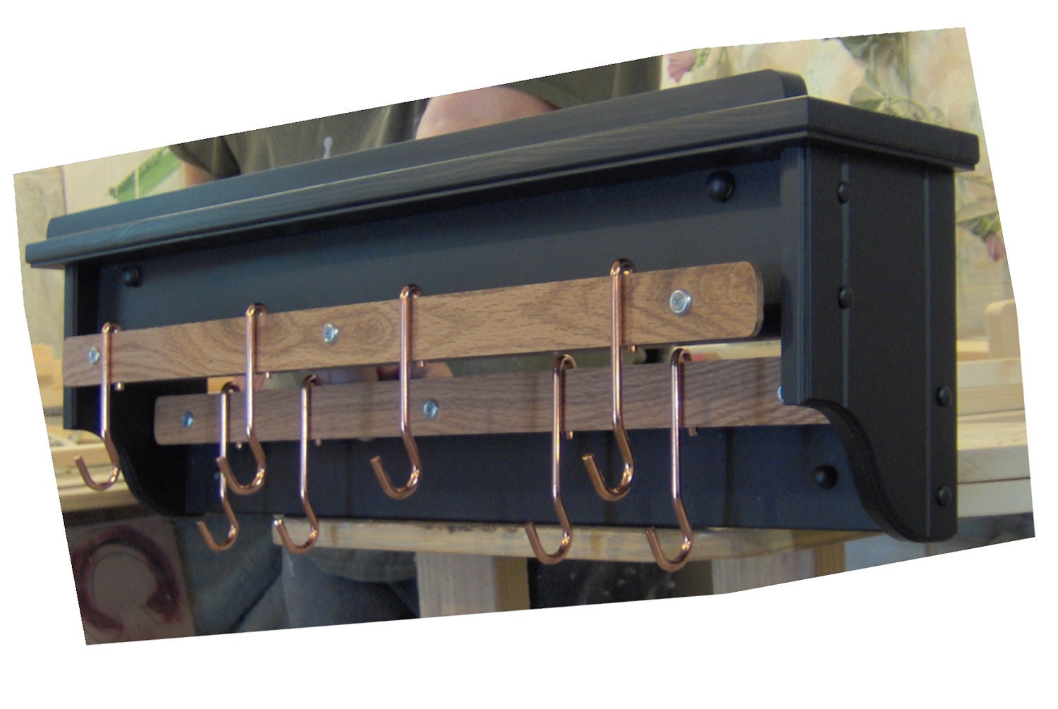Black Leather painted pot utensil rack holder with shelf for lids copper hooks wall mount solid pine made in the USA