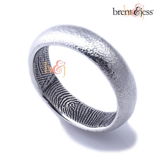 6mm Sterling Silver Custom Half Round Band with Fingerprint Wrap and Orange Peel Finish
