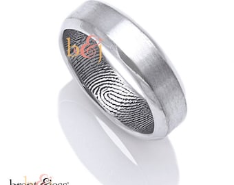 6mm Sterling Beveled Edge Custom Wedding Band with Fingerprint Wrapped on the Inside