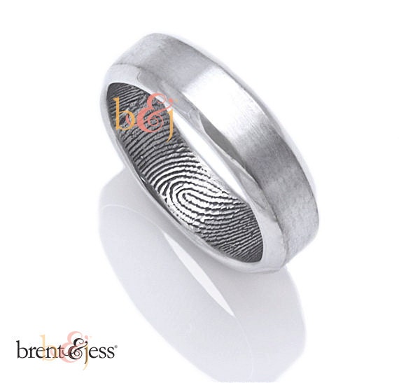 6mm Sterling Beveled Edge Custom Wedding Band with Fingerprint Wrapped on the Inside