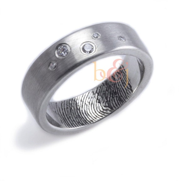 Scattered Diamonds Custom Fingerprint Wedding/Commitment Band in Sterling Silver with Single Fingertip Whorl Print on the Interior