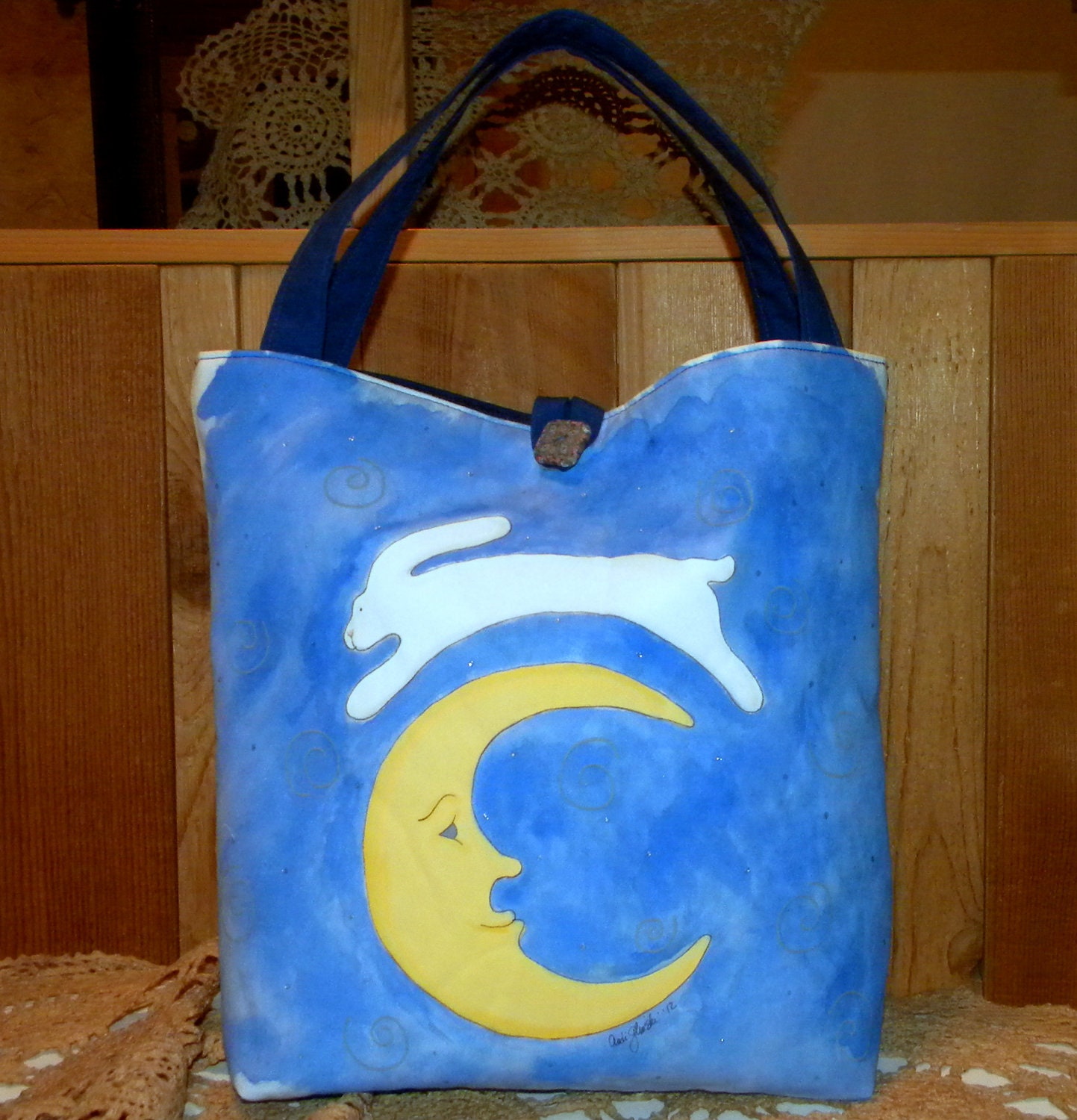 Blue Bunny Tote Bag, Hand Painted 13x12 inches
