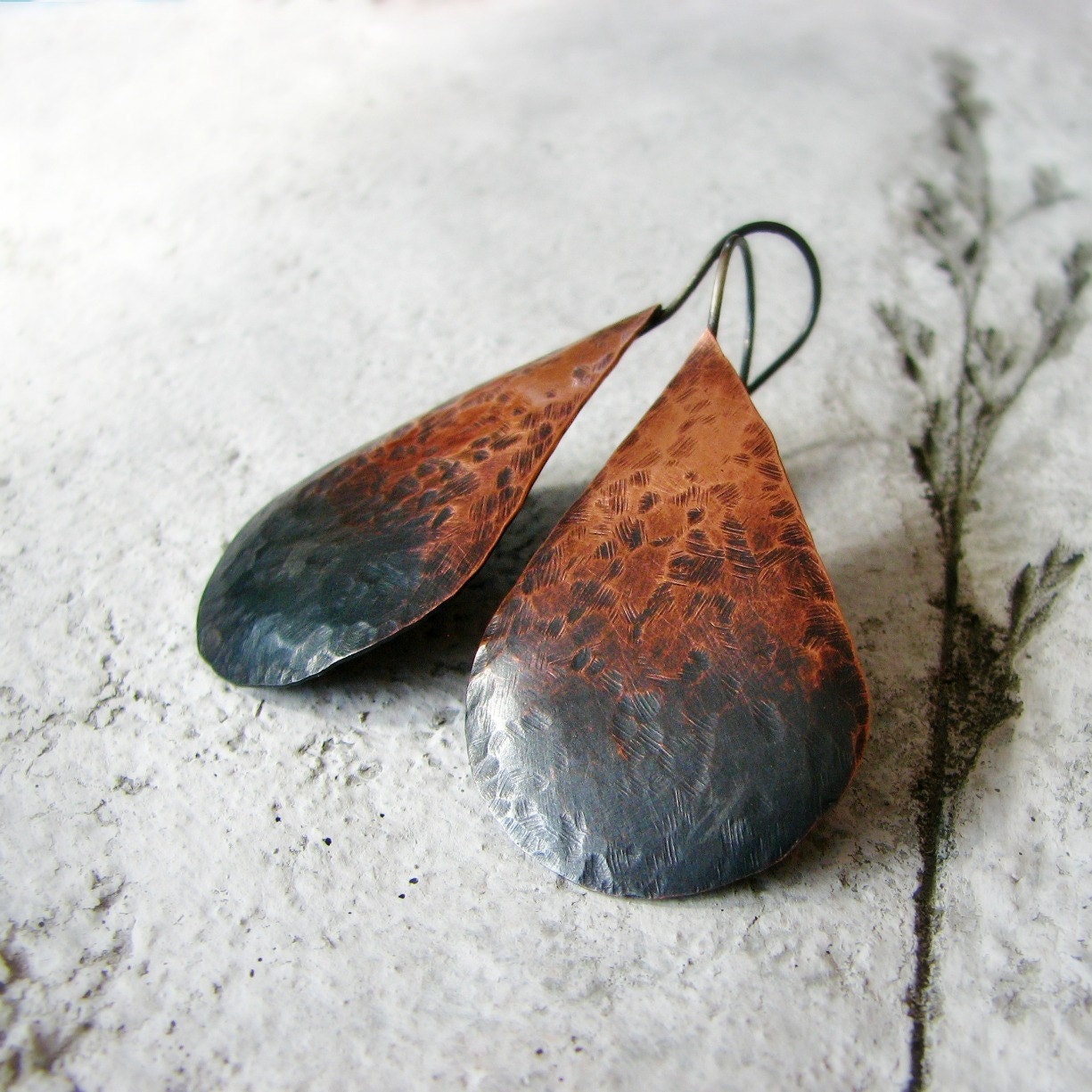 Hammered copper earrings ombre oxidized sterling silver large teardrop shaped rustic modern - Ombre Tears